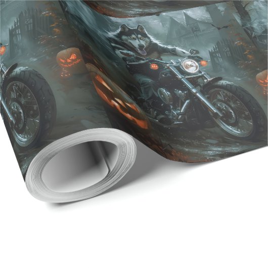 Alaskan Malamute Riding Motorcycle Halloween Eng Cadeaupapier (Rol Hoek)