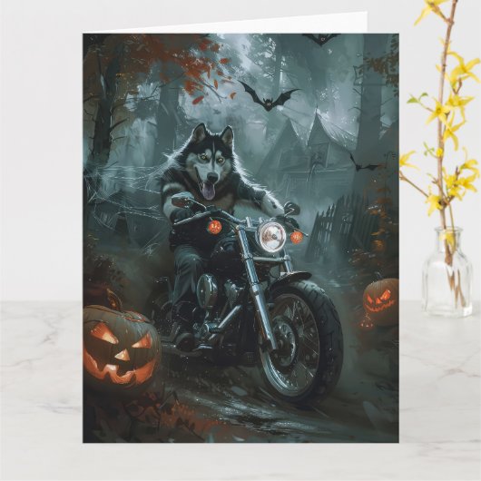 Alaskan Malamute Riding Motorcycle Halloween Eng Kaart (Gele Bloem)