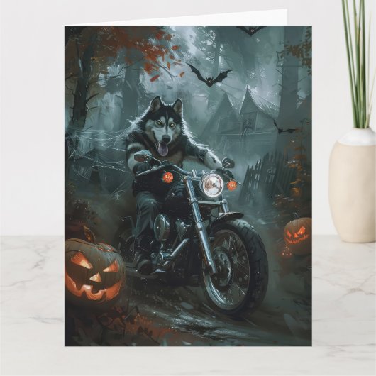 Alaskan Malamute Riding Motorcycle Halloween Eng Kaart (Voorkant)