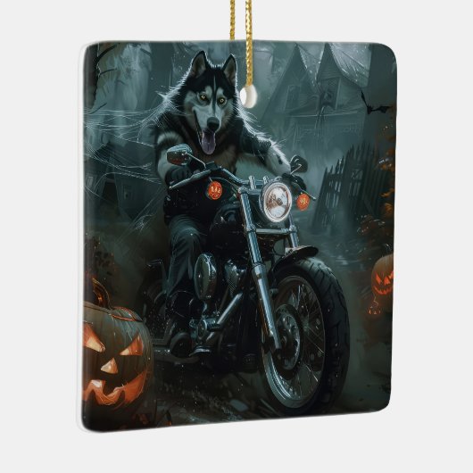 Alaskan Malamute Riding Motorcycle Halloween Eng Keramisch Ornament (Rechts)