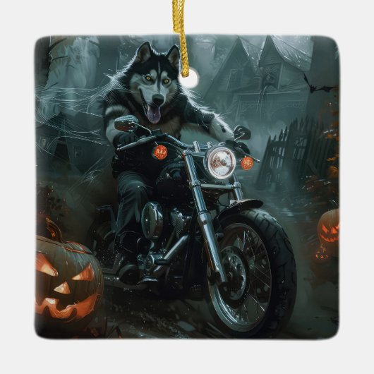 Alaskan Malamute Riding Motorcycle Halloween Eng Keramisch Ornament (Voorkant)
