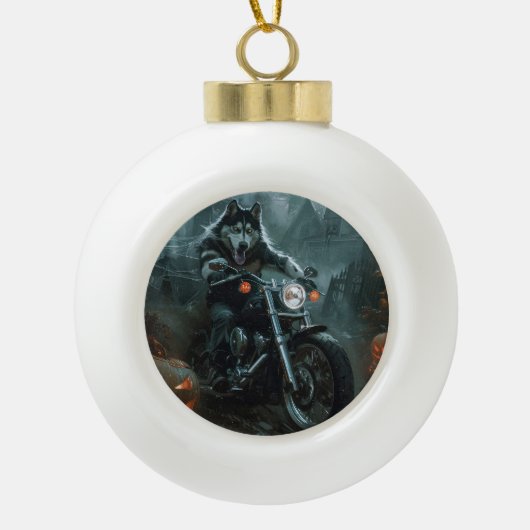 Alaskan Malamute Riding Motorcycle Halloween Eng Keramische Bal Ornament (Voorkant)