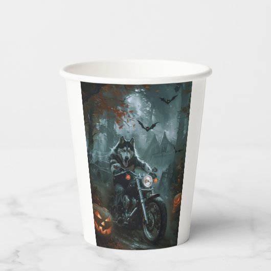 Alaskan Malamute Riding Motorcycle Halloween Eng Papieren Bekers (Achterkant)