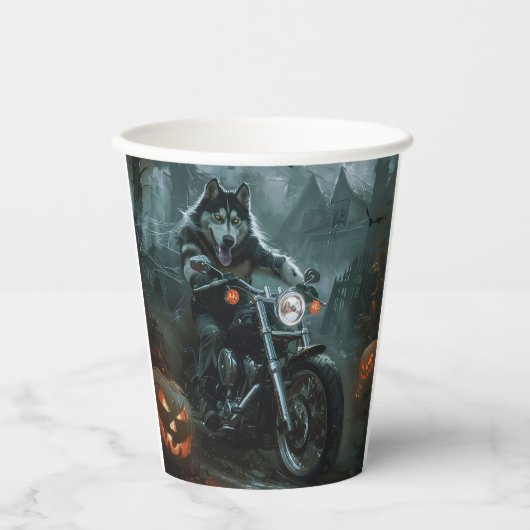 Alaskan Malamute Riding Motorcycle Halloween Eng Papieren Bekers (Voorkant)