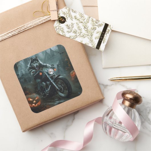 Alaskan Malamute Riding Motorcycle Halloween Eng Vierkante Sticker (Geschenken)