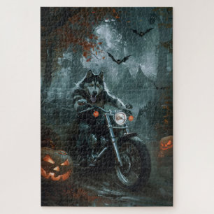 Alaskan Malamute Rijdt op Motorfiets Halloween Gri Legpuzzel
