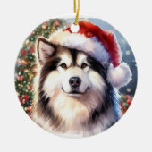 Alaskan Malamute Santa Hat Waterverf Kerstmis Keramisch Ornament (Voorkant)
