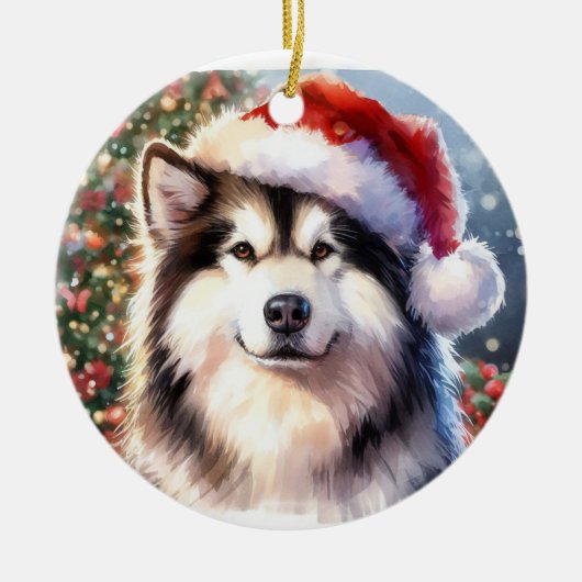 Alaskan Malamute Santa Hat Waterverf Kerstmis Keramisch Ornament (Voorkant)