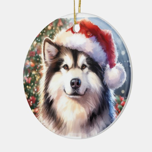 Alaskan Malamute Santa Hat Waterverf Kerstmis Keramisch Ornament (Links)