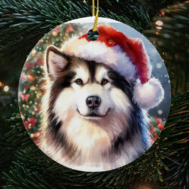 Alaskan Malamute Santa Hat Waterverf Kerstmis Keramisch Ornament