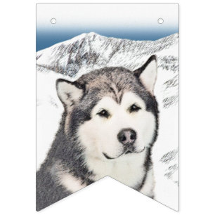 Alaskan Malamute Schilderij - Mooie Originele Hond Vlaggetjes