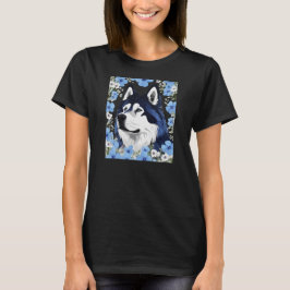 Alaskan Malamute sledehond omgeven door blauw T-shirt