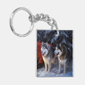Alaskan Malamute Sneeuw slee rit Kerstmis Sleutelhanger (Voorkant Links)