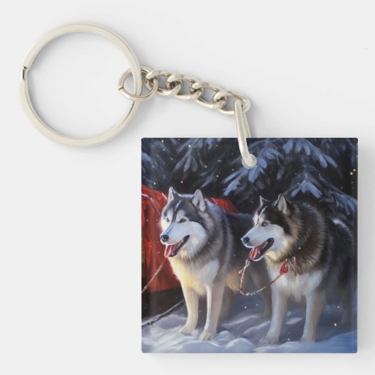 Alaskan Malamute Sneeuw slee rit Kerstmis Sleutelhanger (Voorkant)