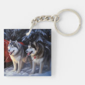 Alaskan Malamute Sneeuw slee rit Kerstmis Sleutelhanger (Achterkant)