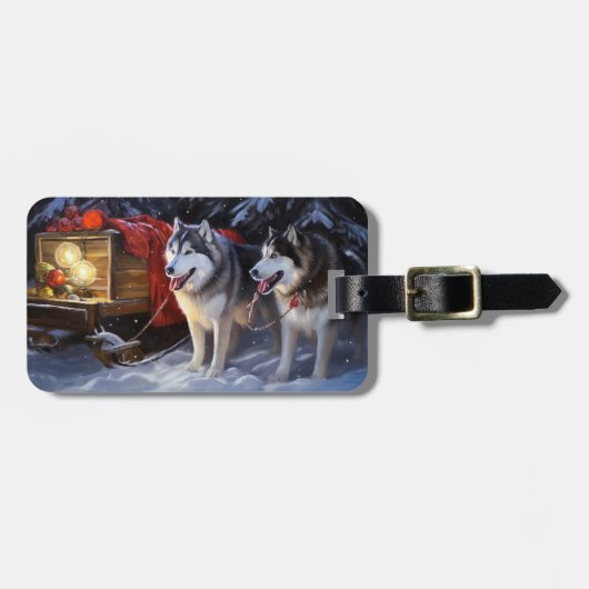 Alaskan Malamute Snowy Sleigh Ride Kerstmis Bagagelabel (Voorkant horizontaal)