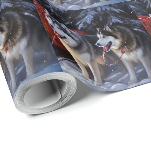 Alaskan Malamute Snowy Sleigh Ride Kerstmis Cadeaupapier (Rol Hoek)