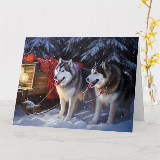 Alaskan Malamute Snowy Sleigh Ride Kerstmis Kaart (Gele Bloem)