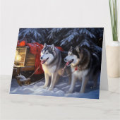 Alaskan Malamute Snowy Sleigh Ride Kerstmis Kaart (Voorkant)