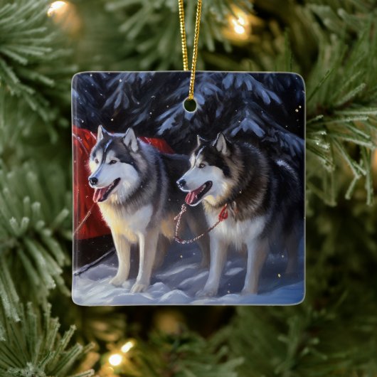 Alaskan Malamute Snowy Sleigh Ride Kerstmis Keramisch Ornament (Boom)