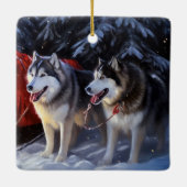 Alaskan Malamute Snowy Sleigh Ride Kerstmis Keramisch Ornament (Achterkant)