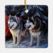 Alaskan Malamute Snowy Sleigh Ride Kerstmis Keramisch Ornament (Voorkant)