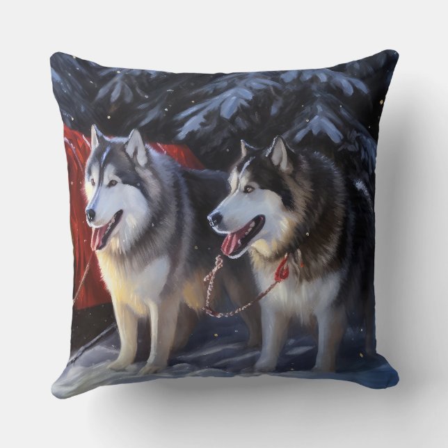 Alaskan Malamute Snowy Sleigh Ride Kerstmis Kussen (Achterkant)