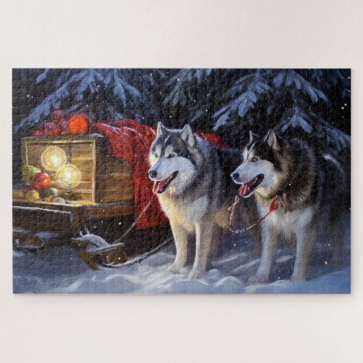 Alaskan Malamute Snowy Sleigh Ride Kerstmis Legpuzzel (Horizontaal)