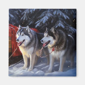 Alaskan Malamute Snowy Sleigh Ride Kerstmis Magneet (Voorkant)