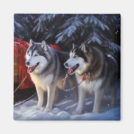 Alaskan Malamute Snowy Sleigh Ride Kerstmis Magneet (Voorkant)