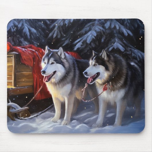 Alaskan Malamute Snowy Sleigh Ride Kerstmis Muismat (Voorkant)