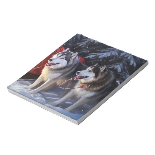 Alaskan Malamute Snowy Sleigh Ride Kerstmis Notitieblok (Linkerzijde)