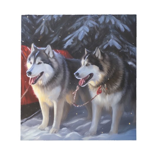 Alaskan Malamute Snowy Sleigh Ride Kerstmis Notitieblok (Voorkant)