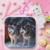 Alaskan Malamute Snowy Sleigh Ride Kerstmis Papieren Bordje (Feest)