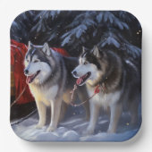 Alaskan Malamute Snowy Sleigh Ride Kerstmis Papieren Bordje (Voorkant)