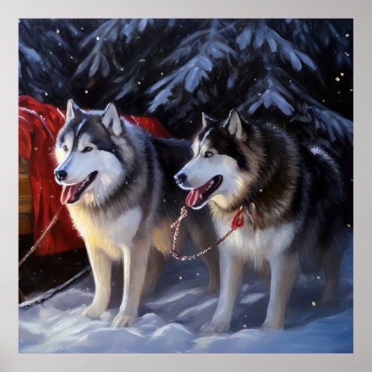 Alaskan Malamute Snowy Sleigh Ride Kerstmis Poster (Voorkant)