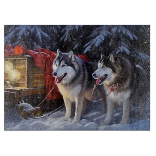 Alaskan Malamute Snowy Sleigh Ride Kerstmis Snijplank (Voorkant)