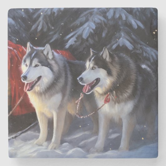 Alaskan Malamute Snowy Sleigh Ride Kerstmis Stenen Onderzetter (Voorkant)