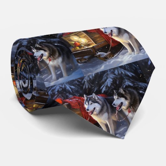 Alaskan Malamute Snowy Sleigh Ride Kerstmis Stropdas (Opgerold)