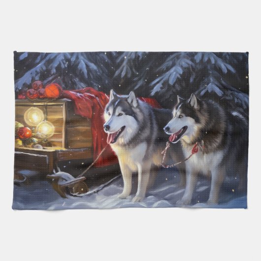 Alaskan Malamute Snowy Sleigh Ride Kerstmis Theedoek (Horizontaal)