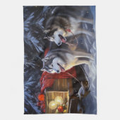 Alaskan Malamute Snowy Sleigh Ride Kerstmis Theedoek (Verticaal)