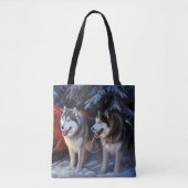 Alaskan Malamute Snowy Sleigh Ride Kerstmis Tote Bag (Voorkant)