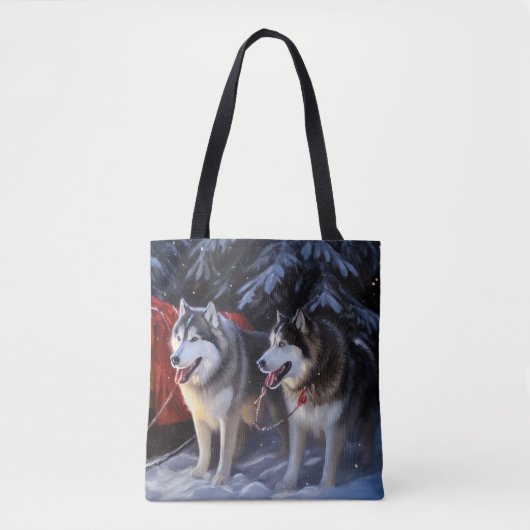 Alaskan Malamute Snowy Sleigh Ride Kerstmis Tote Bag (Voorkant)