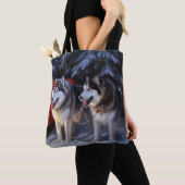 Alaskan Malamute Snowy Sleigh Ride Kerstmis Tote Bag (Dichtbij)