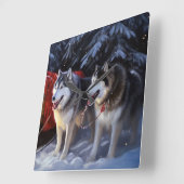 Alaskan Malamute Snowy Sleigh Ride Kerstmis Vierkante Klok (Hoek)