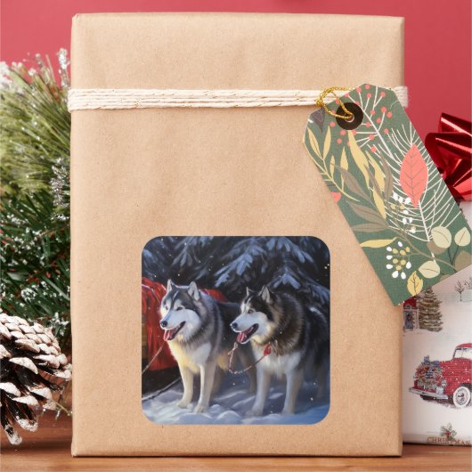 Alaskan Malamute Snowy Sleigh Ride Kerstmis Vierkante Sticker (Feestdagen)