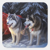 Alaskan Malamute Snowy Sleigh Ride Kerstmis Vierkante Sticker (Voorkant)