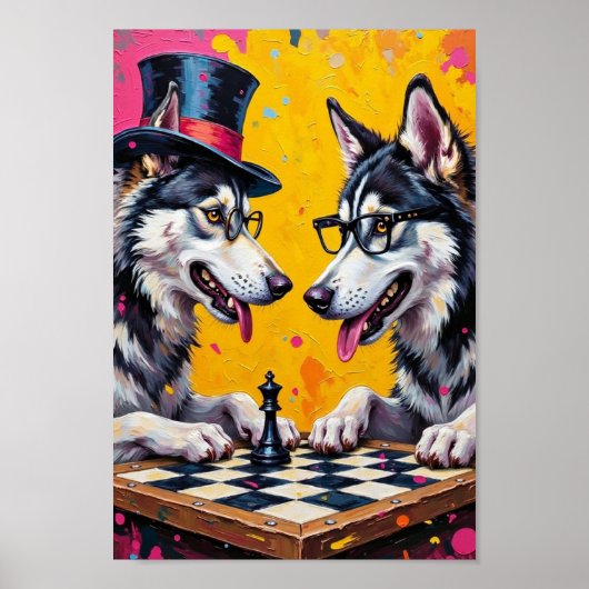 Alaskan Malamute Speelt Schaken Pop Art Poster (Voorkant)