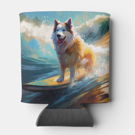 Alaskan Malamute Strand Surfen Schilderij Blikjeskoeler (Achterkant)