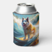 Alaskan Malamute Strand Surfen Schilderij Blikjeskoeler (Blikje Achterkant)